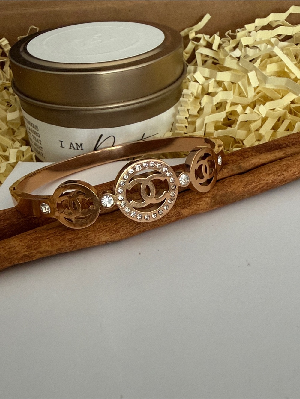 Chic Rose Gold-Tone Crystal Logo Bangle Bracelet